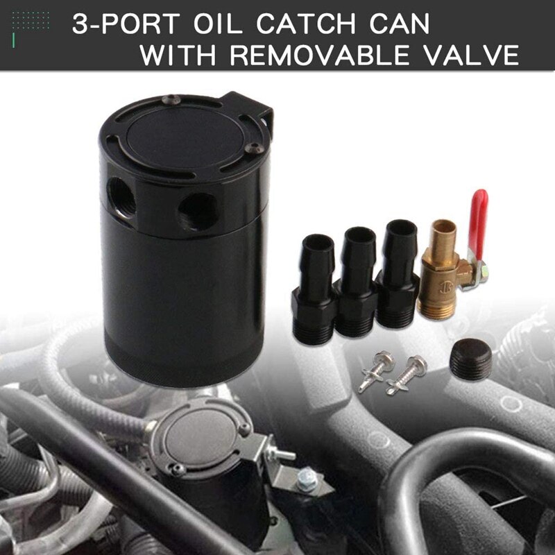 Universal Aluminum Alloy 3-Port Oil Catch Can+Oil Drain Valve,2 Inlets 1 Outlet-Black
