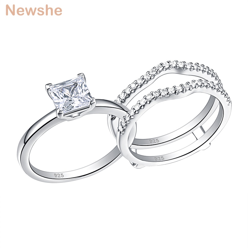 Newshe 2 Pcs Hochzeit Ringe Set Für Frauen Solitaire Prinzessin Cut Engagement Ring Abnehmbare Schutz Band 925 Sterling Silber Zirkon