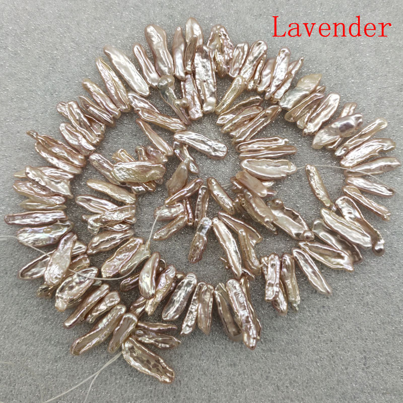 16 inches 12-20mm Side Drilled Natural White Stick Shaped Baroque Biwa Pearl Loose Strand: green