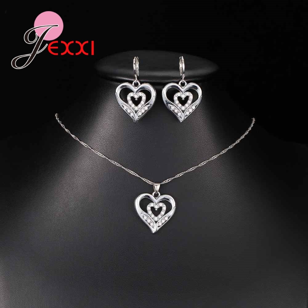 Laatste Dubbele Hart Ketting Oorbellen Sets Hollow 925 Sterling Zilver Elegante Engagement Sieraden