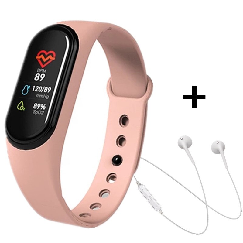 M4 smart band hjertefrekvens blodtryksmåler smart armbånd fintness aktivitet trackeer smart armbåndsur med øretelefon: Lyserød hvid