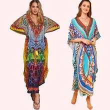 Marokkaanse Kaftan Bohemian Gedrukt Zomer Jurk Lange Katoenen Tuniek Vrouwen Plus Size Beach Wear Badpak Cover Up Robe de Plage