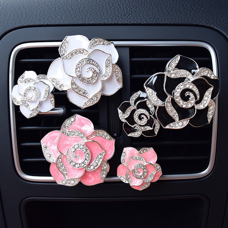 Prachtige Metalen Kleur Bloemen Auto Accessoires Styling Mooie Camellia Auto Parfum Lucht Verfrissende Agent Voor Airconditioner
