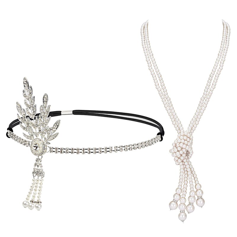 Great Gatsby Accessories Set for Women 1920s Flapper Pearl Necklace Headband Leaf Headpiece Party Costume Jewelry: silver T125