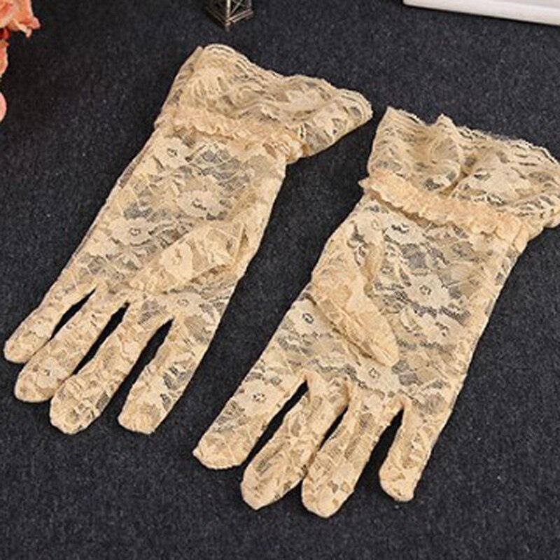 Guantes de encaje calados para protección solar, encaje delicado patrón Jacquard, accesorios de boda: Beige