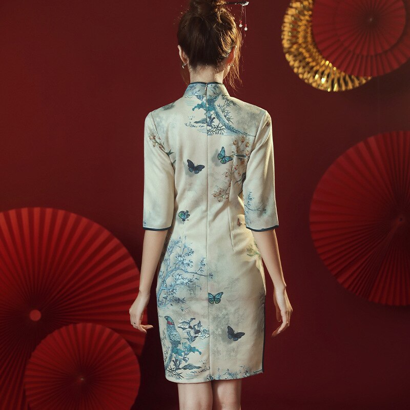 Qipao chino tradicional de para mujer, vestido de media manga, Cheongsam impreso, , de noche, ropa de Año Chino