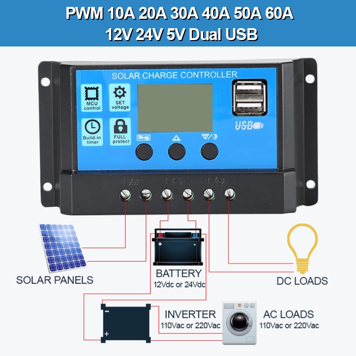 Solar Laadregelaar 12V 24V 50A 40A 30A 20A Automatische Zonnepaneel Controller Regulator Universele Usb 5V opladen Lcd Display