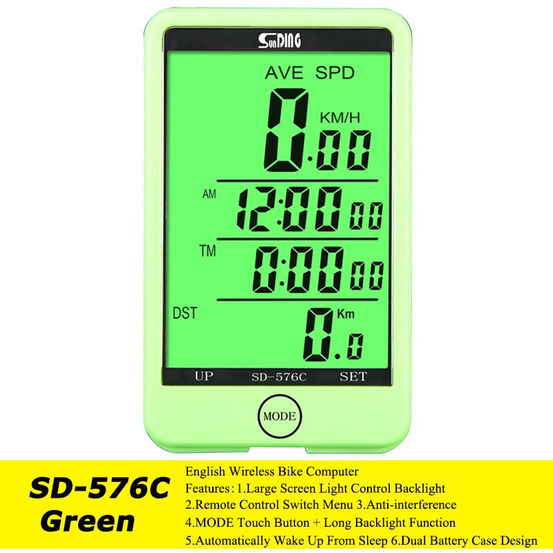 Sunding Wireless Cycling Computer Touch Screen Speedometer Bike Accessories Waterproof Bicycle Odometer Thermometer Stopwatch: Green