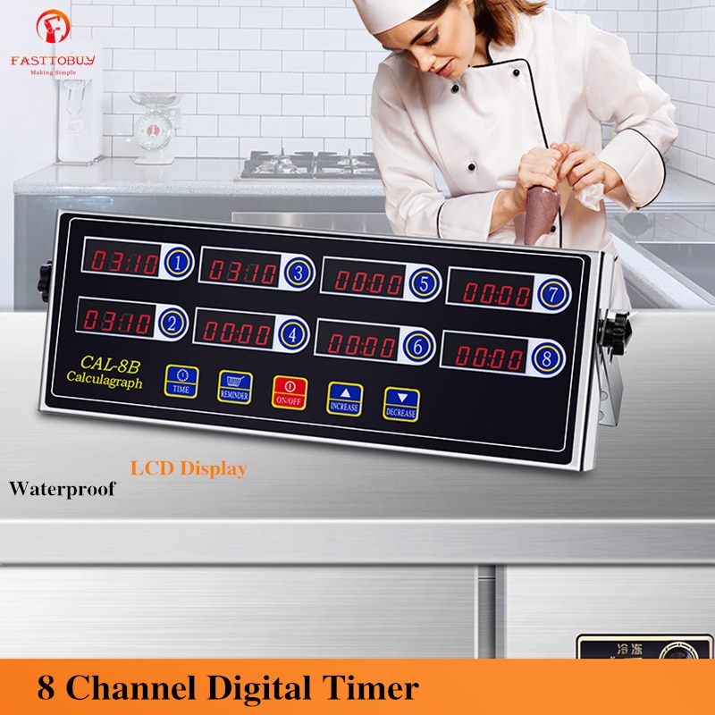 Loud Alarm System 8 Channel Digital Cooking Kitchen Timer Stainless Steel Housing Waterproof for Burger Bakery Pizza