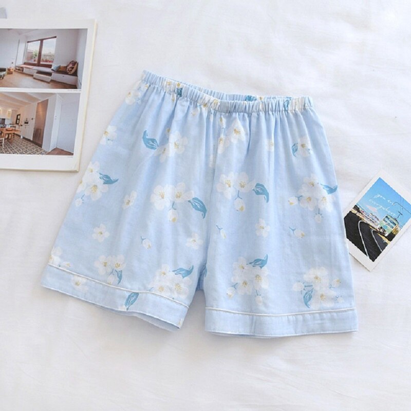 Summer Ladies Cute Floral Printed Household Shorts Loose Thin Elastic Wasit 100% Gauze Cotton Sleep Bottoms Women Comfort: blue / M