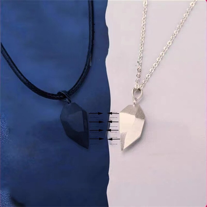 2Pcs Lovers Matching Friendship Heart Pendant Couple Magnetic Distance Faceted Heart Pendant Necklace Couple Jewelry