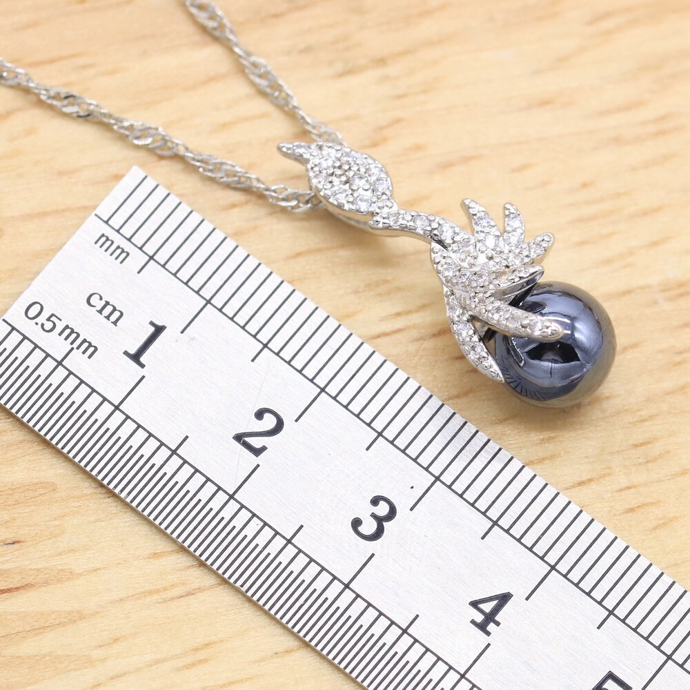 Zwarte Parel Zilveren Kleur Sieraden Sets Voor Vrouwen Oorbellen Ketting Hanger Ring