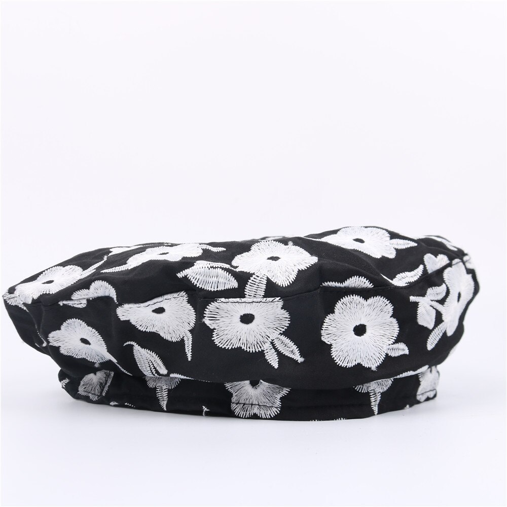Ins blomst brodert basker kvinnelig vår sommer rosa baretter vintage maler flat hat gorras: Svart