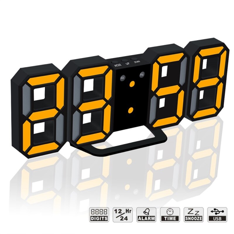 24/12 Hour Display 3D Table Clock Calendar Temperature Display Brightness Adjustable Watch Alarm LED Digital Clock Wall Hanging: Black-Orange LED