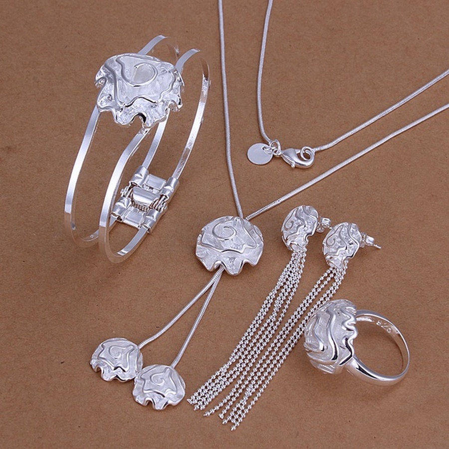 Bruiloft, sieraden vrouwelijke nobele rozen ring ketting armband bead chain Stud Oorbellen mode Zilveren kleur sieraden sets S324