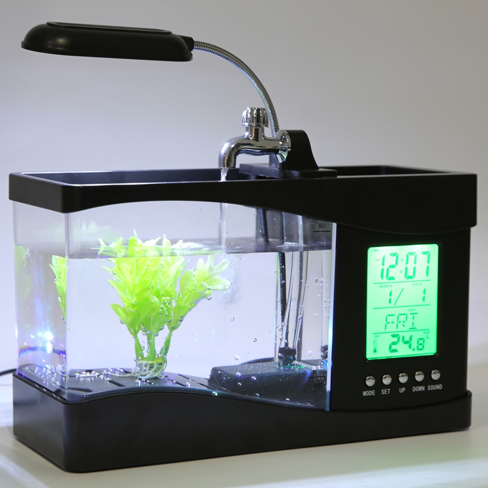 1Pcdc 5V Usb Desktop Mini Aquarium Aquarium Lcd Timer Klok Led Lamp Licht Zwarte Kleur 24*10*14Cm