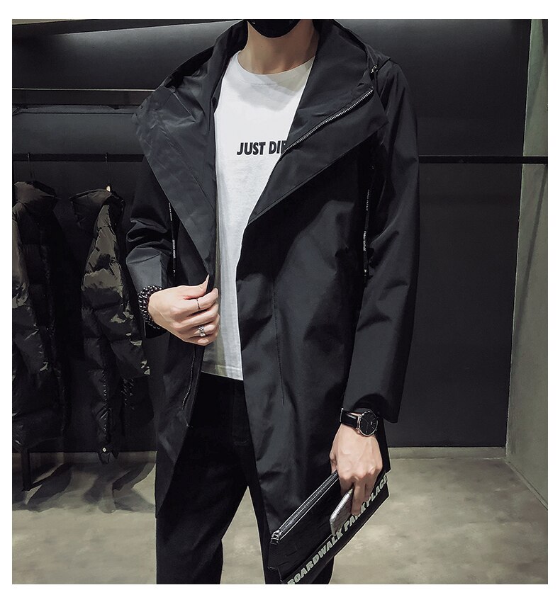 Herre sort trenchcoat vindjakke med hætte m -4xl fritidstøj til mænd vindtæt outwear