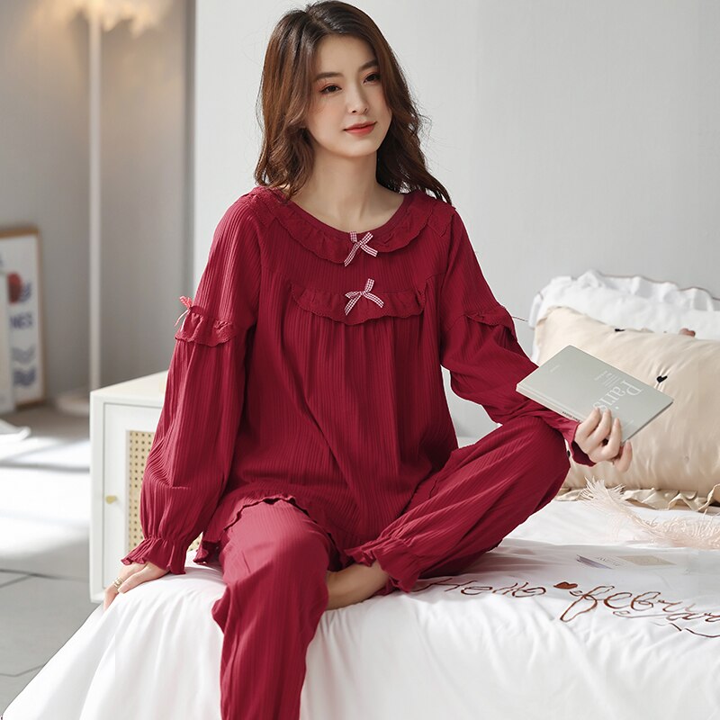 Women O-Neck Lace Pajamas Wedding Festive Red Pajama Sets Sleepwear Long Sleeve Top+Long Pants Pajamas Home Clothing Pyjamas 3XL: XXXL