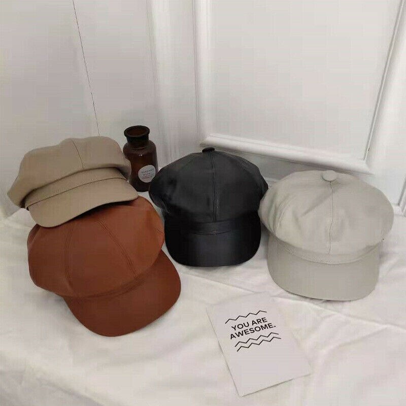Chapeau béret en cuir pour femme | Automne, hiver chapeaux octogonaux, casquette plate, casquette chaude solide pour femme