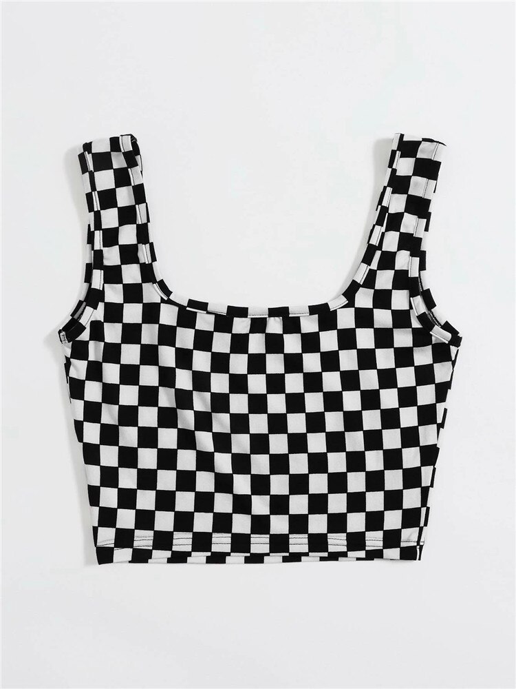 Y2K Dambord Plaid Patroon Crop Top Vrouwen Streetwear Zomer Bodycon Tank Top Shirts Zwart En Witte Kleur Blok Clubwear
