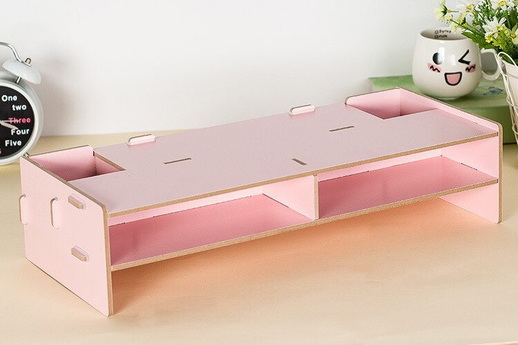 Assembled Computer Monitor Rack 3 Layers Wood Office Table Organizer for Pen/Keyboard/Stationery Laptop Tray 48*20*11.5cm: Pink