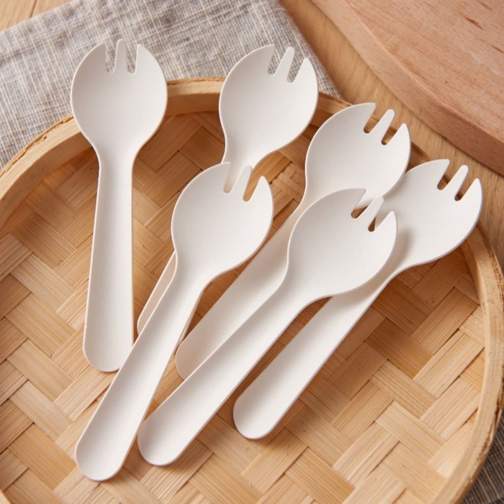 100 stk. individuell pakning engangs skje gaffel hvite nedbrytbare iskremskjeer slitesterke miljøvennlige dessertkakeskjeer