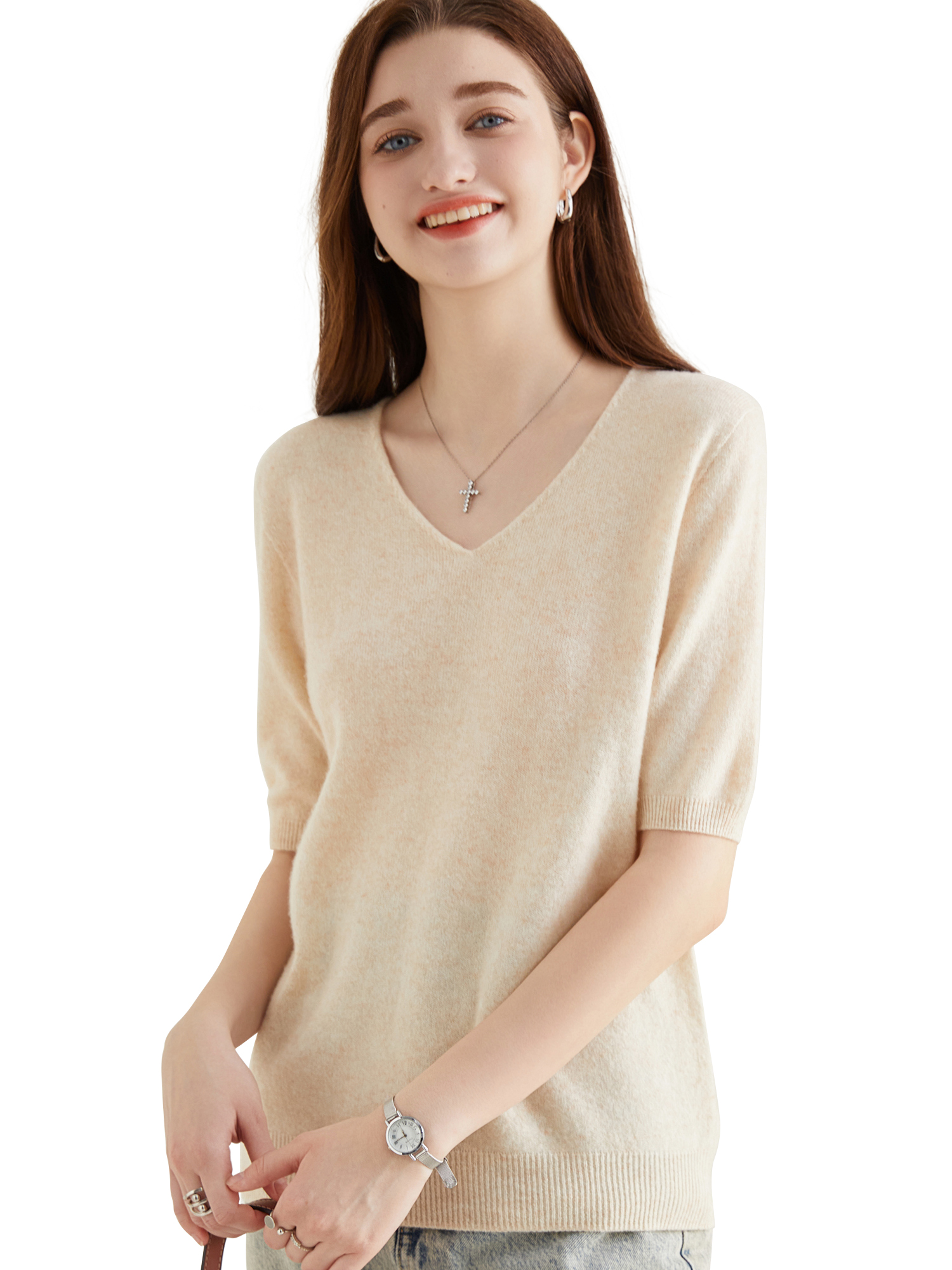 Women's Sweater 100% Merino Wool Sweater for Women Pullover Short Sleeve Tops Spring Summer V Neck Soft Knitted Female Clothing: S / Beige