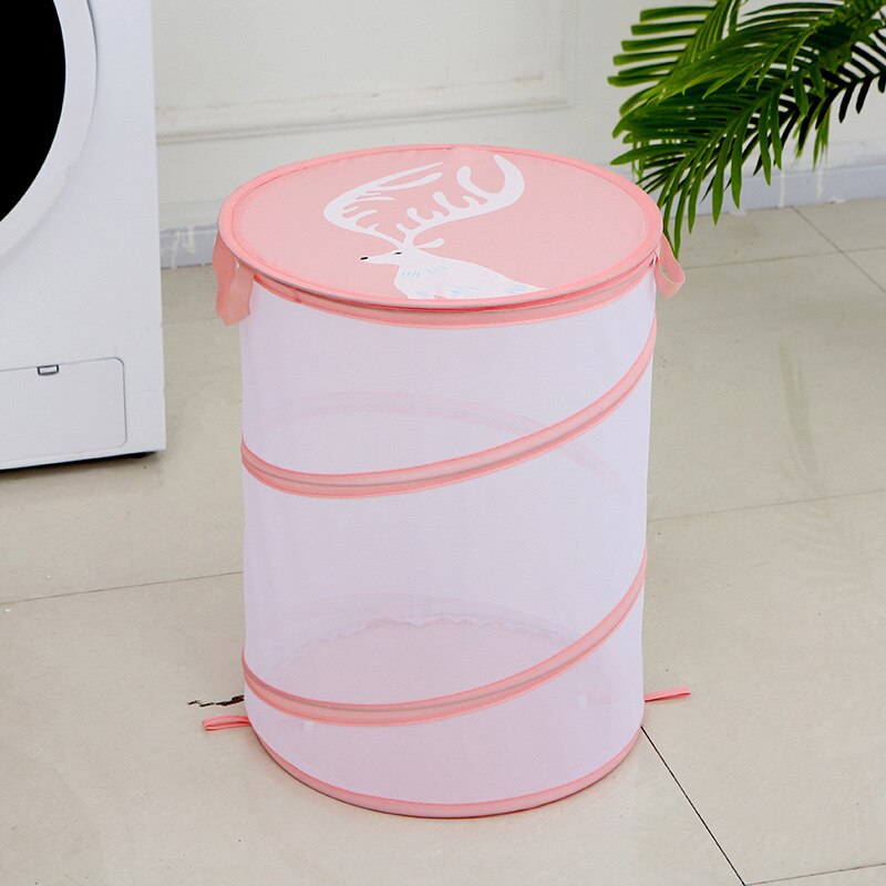 Nordic Style Folding Laundry Basket Waterproof Cloth Bucket Mesh Storage Basket Bin Toy Basket Bucket Organizer Large Capacity: pink deer