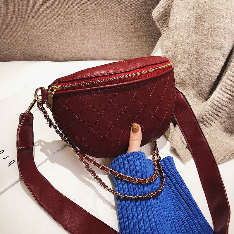 Vintage Ladies PU Leather Shoulder Bags Chains Waist Purse Plaid All-match Women's Chest Bags: Burgundy
