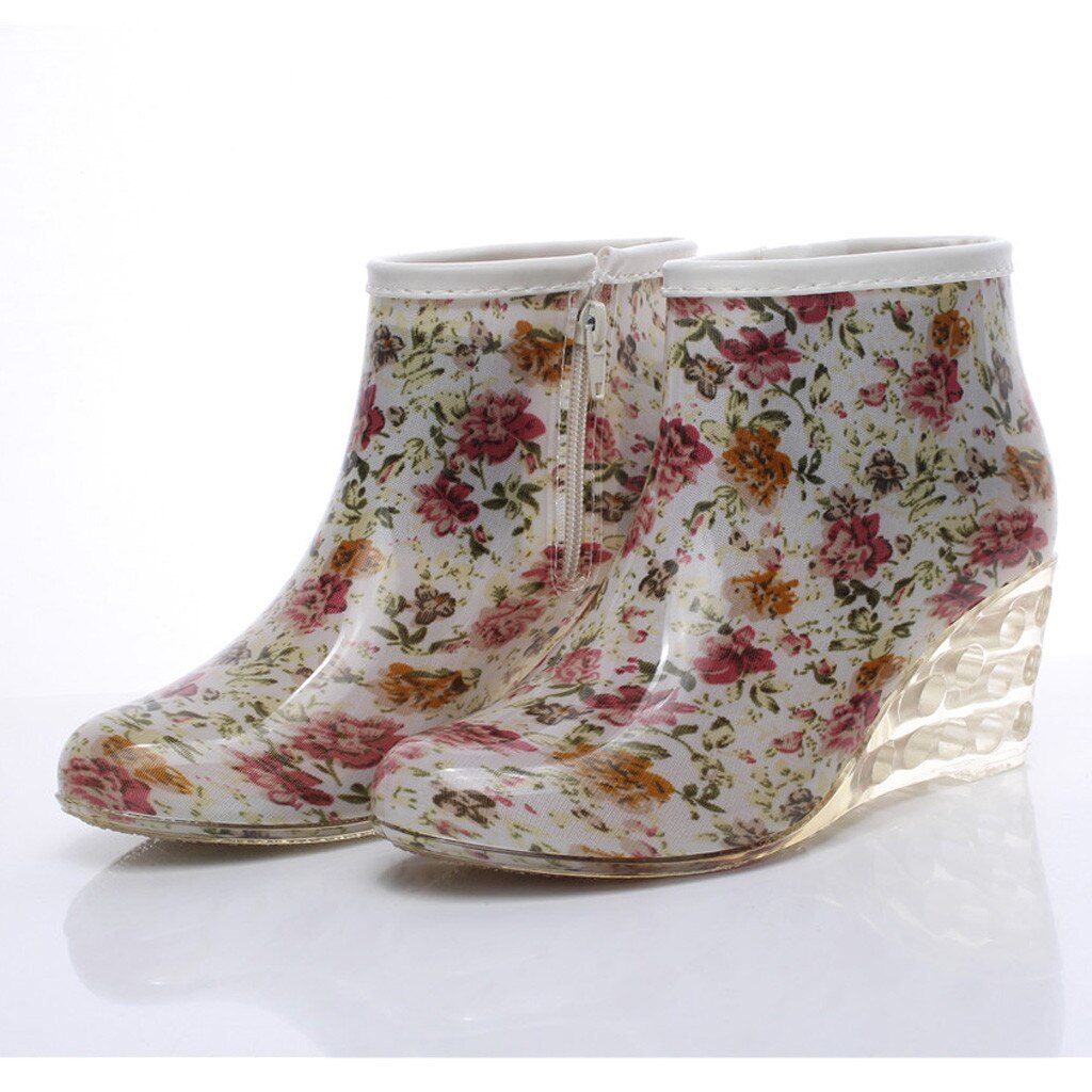 rain boots women Flower Print Wedges Short Tube Rain Boots Waterproof Water Shoes botas para lluvia mujer #XB35