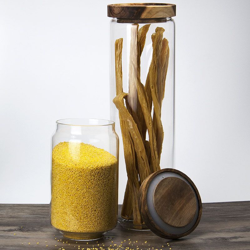 Storage tank Transparent lid glass sealed jar acacia wood lid glass storage tank vacuum candy food storage container