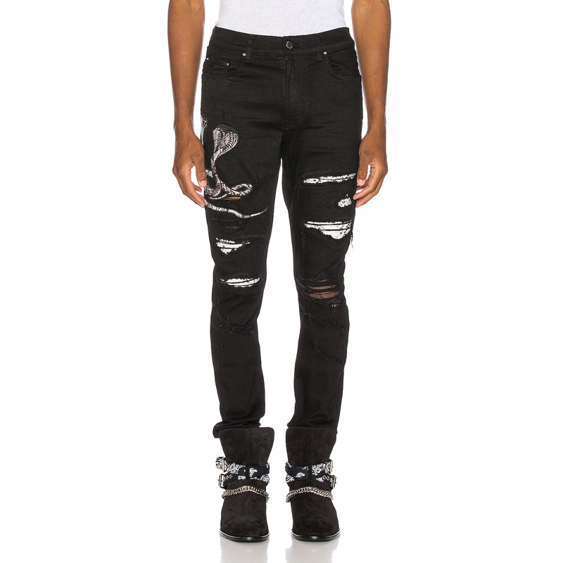 Streetwear Men Jeans Elastic Ripped Jeans Men Stretch Punk Pants Cobra Patches Hip Hop Jeans Homme