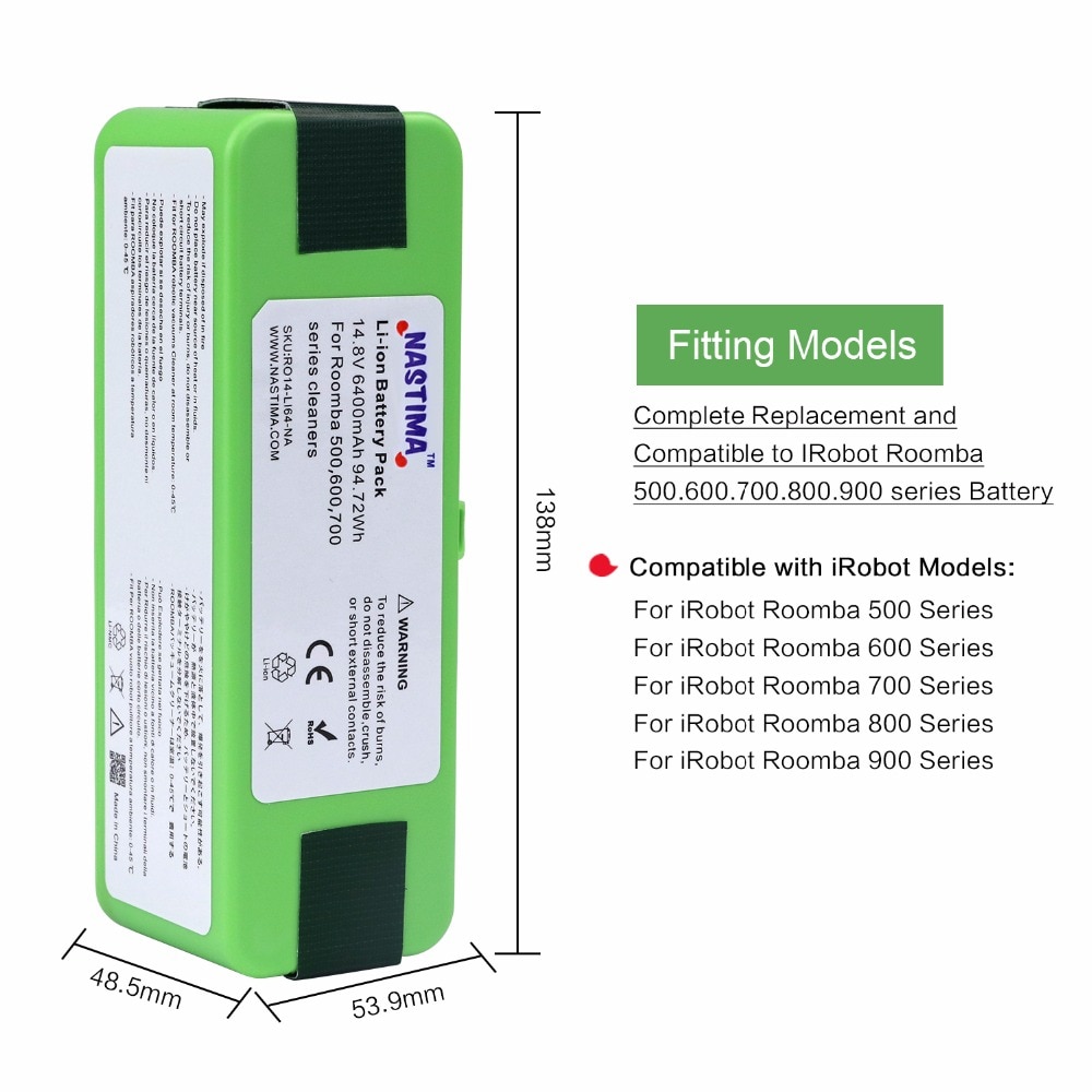 Nastima 14.8v 6400 mah /4400 mah lithium genopladeligt batteri til irobot roomba 500 600 700 800 series 560 620 650 700 770 780 880