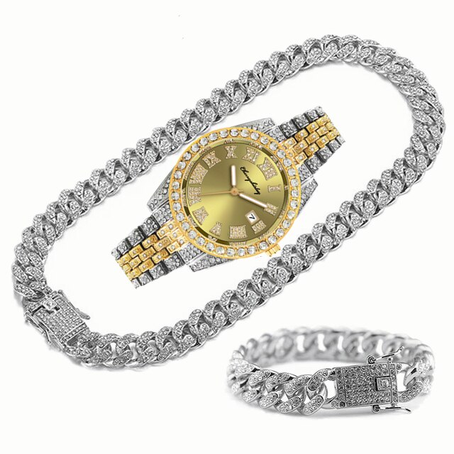 Montre entièrement glacée pour hommes, Bracelet, collier, ras du cou, bijoux bling-bling, grande chaîne en or, Hip Hop, ensemble de montre: bsliver mix gold