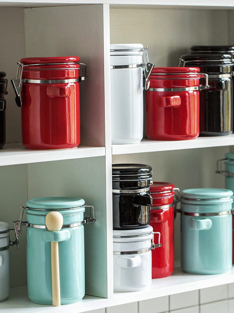 Keramik Verschlossenen Dosen Mit Deckel Löffel Solide Tee Kaffee Lebensmittel Lagerung Panzer Manuelle Stil Küche Lagerung Glasglas Dekorative Können ZL341