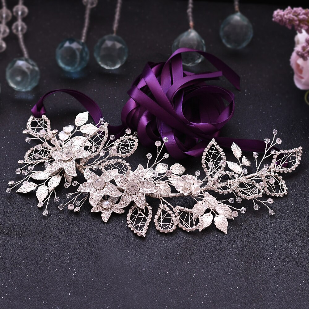 Cinturones de flores de aleación de plata, cinturón de diamantes de imitación para boda, joya femenina, faja para vestido, cinturón nupcial de diamantes de lujo para mujer: purple ribbon