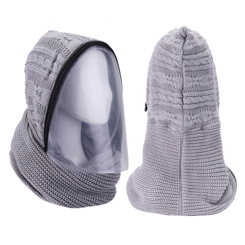 Winter Knit Hooded Scarf with Removable Clear Face Shield Protective Earflap Cap