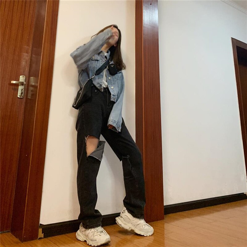 Ripped jeans til kvinder plus størrelse 5xl højtaljede mom jeans vintage sorte denimbukser fuld længde bukser harajuku hult hul