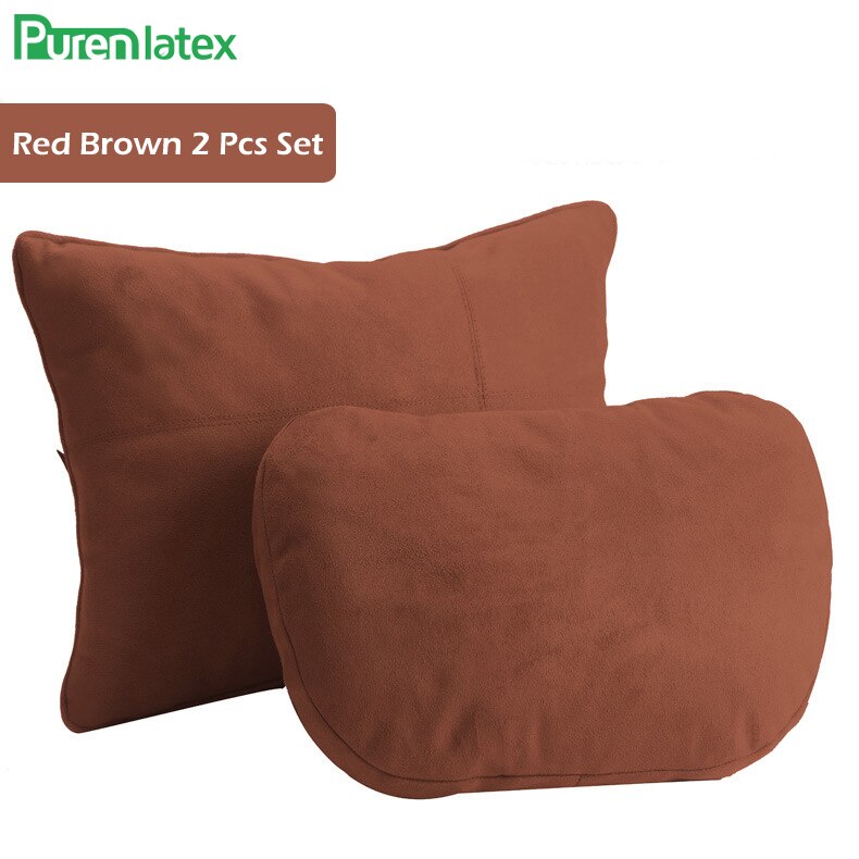 Ensemble de coussins de voiture en pur latex, oreiller orthopédique pour appui-tête en soie, protège le cou, soulage les douleurs à la tête, coussin de siège de conduite, oreiller automatique: Ensemble rouge marron