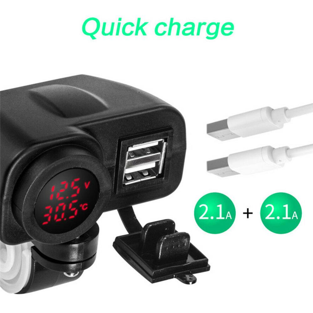 Rode Led 12V Motorfiets Auto Usb Lader 2.1A + 2.1A W/Digitale Voltmeter + Thermometer