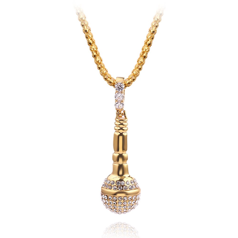 Big Microphone Pendant Necklace Sliver Gold Link Chain Necklaces Hip Hop Alloy Jewelry for Women and Men: crystal