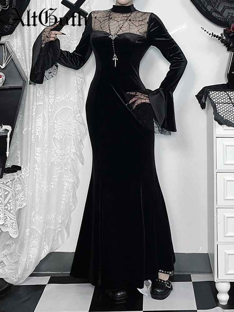 AltGoth-vestido Midi gótico oscuro de terciopelo para mujer, ropa de calle, estilo chino Vintage, tela de araña, malla de retales, vestido de de manga larga
