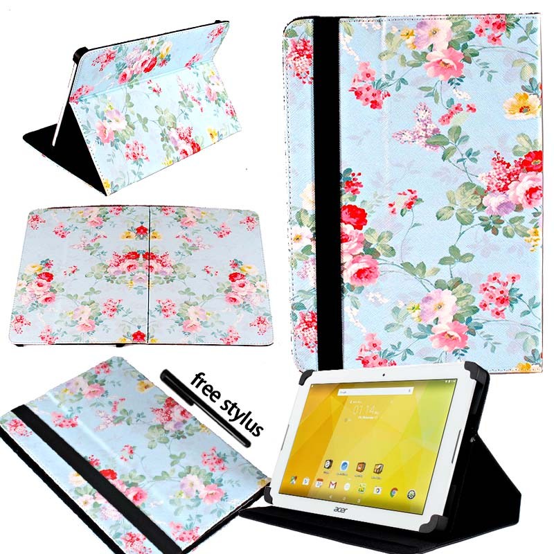 KK & LL Per Acer Iconia One 10 B3-10 B3-A20 A30 A40 A40FHD A50 A50FHD-Supporti Tablet Folio Copertura di Cuoio caso + Libera dello stilo: Blue Floral