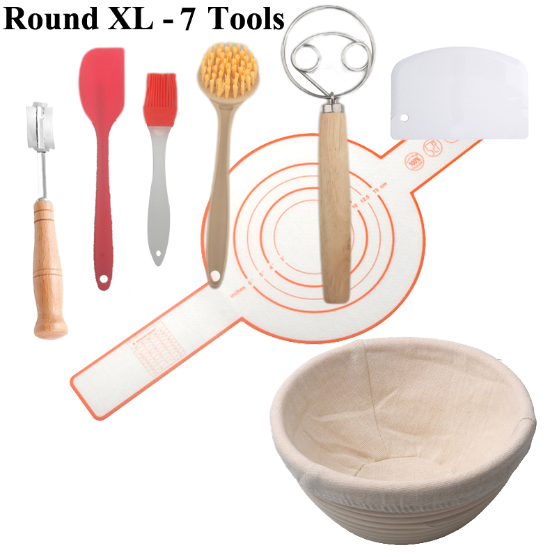 Bread Basket Set Kitchen Banneton Natural Rattan Basket With Linen Cover 7 Pcs Tools Sourdough Baking Tool Bread Proofing Basket: Chocolate