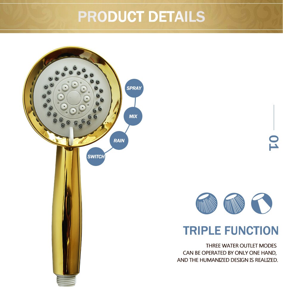 3 Function Gold Plated Hand Held Shower Head Hose and Bracket Holder Antique Gold Sprayer Multifunction Function: Shower