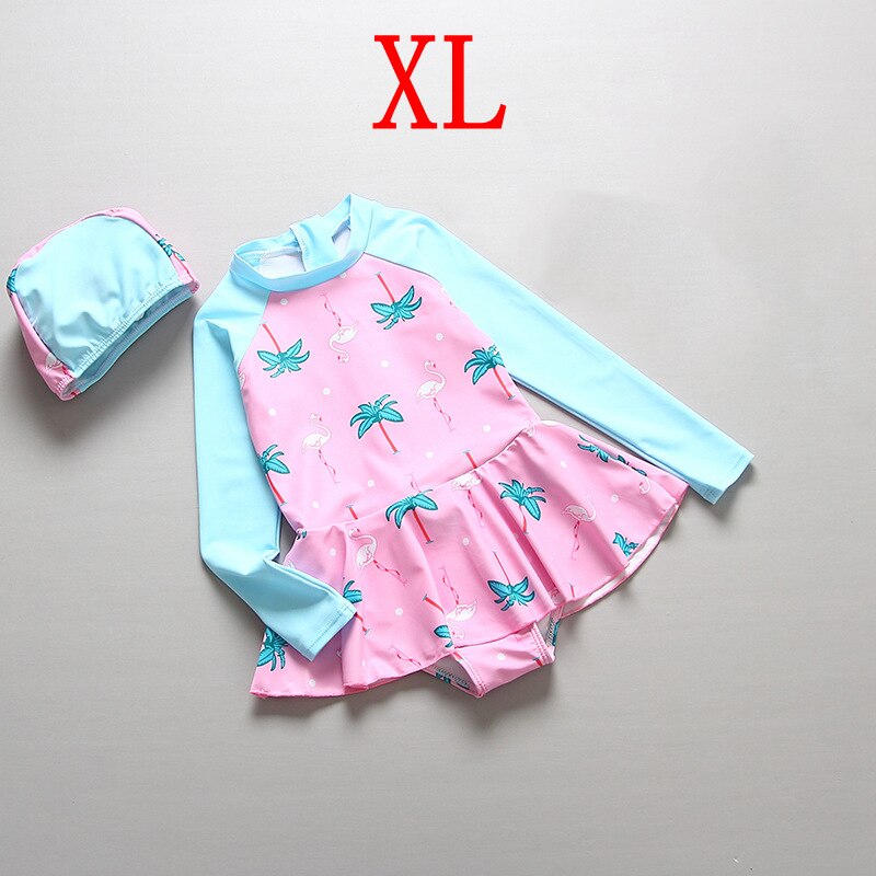 Bathing Clothes Girls Long Sleeve Children's Swimwear UV Protection Flamingo Print Beach Skirted Swim Dresses Girls' Swimsuit: XL