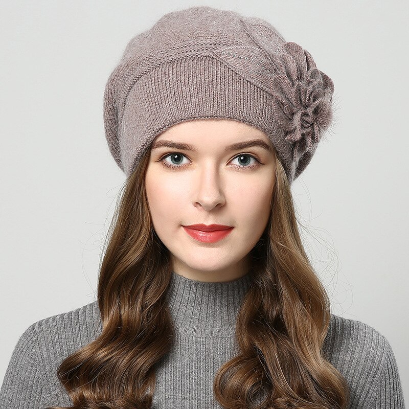 Brand Female Beret Wool Knitting Cap Hat Autumn Winter Floral Women Berets