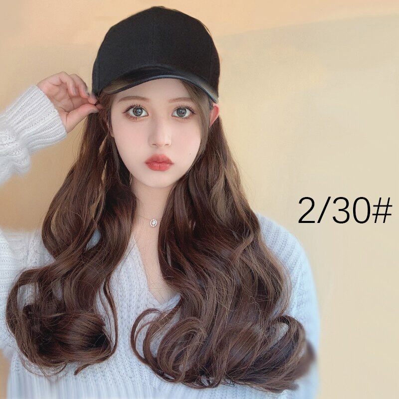 Nueva gorra de con extensión de cabello sintético, sombrero de Peluca de pelo largo para mujer, pelucas para mujer, color negro y marrón: 30