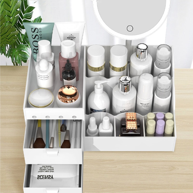 LED Mirror Makeup Organizer Bathroom Large Capacity Drawer Makeup Storage Box Skin Care Dressing Table Girl Cosmetic Beauty Case
