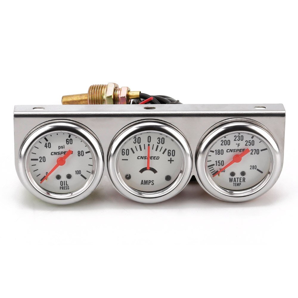 2&quot; 52mm Black white Face Chrome Panel Triple Gauge Set Oil Pressure Water Temp Amps Volt meter